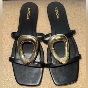 Soda Black Distant Carmine flat Sandals w/ Gold Accent. Never worn